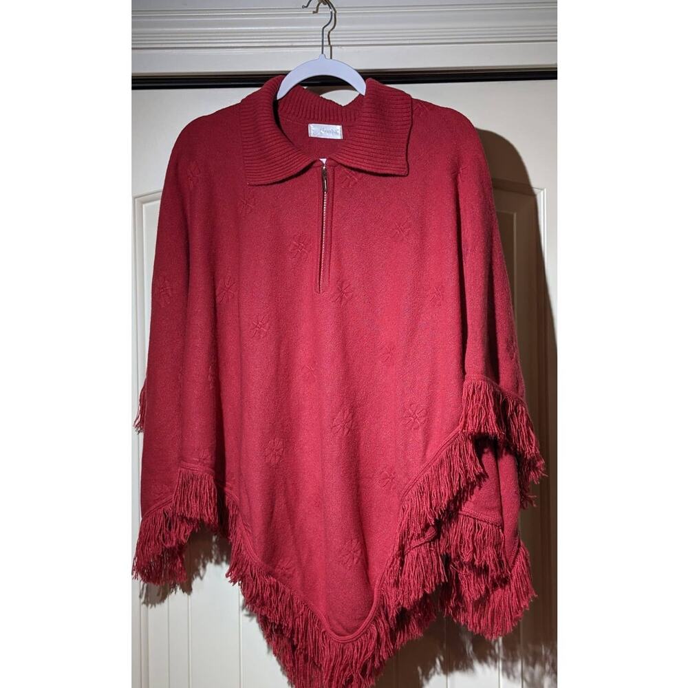 Alexia Brick Quarter Zip Ribbed Collar Fringe Knit Poncho One Size Fits M-L